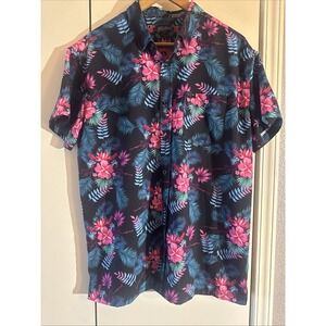 Retro Rifle Tropics Button Down Shirt Men's Size Large Black Floral Gun Flower